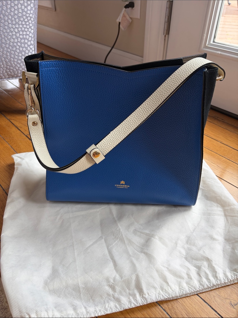 Blue and Cream Leather Shoulder Bag